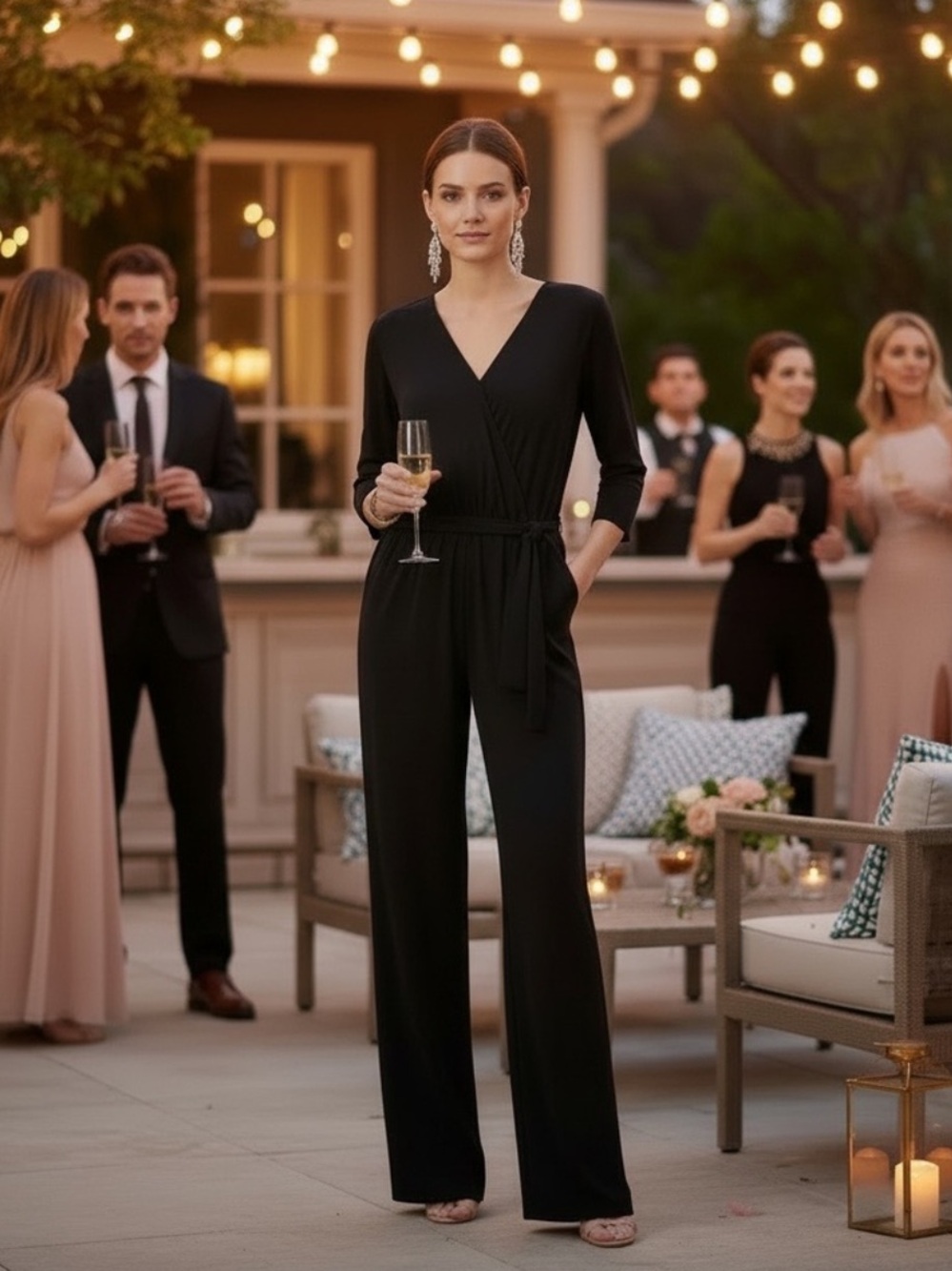 NY Collection Black Jumpsuit with Wide-Leg Elegance Stretch All Season‎ Slimming